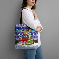 Liechtenstein Christmas Tote Bag with Reindeer Character Holiday Village and Plaid Sleeves - Wonder Print Shop