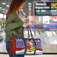Liechtenstein Christmas Travel Bag with Reindeer Character Holiday Village and Plaid Sleeves - Wonder Print Shop