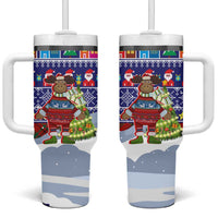 Liechtenstein Christmas Tumbler With Handle with Reindeer Character Holiday Village and Plaid Sleeves - Wonder Print Shop