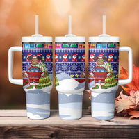 Liechtenstein Christmas Tumbler With Handle with Reindeer Character Holiday Village and Plaid Sleeves - Wonder Print Shop