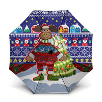Liechtenstein Christmas Umbrella with Reindeer Character Holiday Village and Plaid Sleeves - Wonder Print Shop