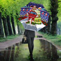 Liechtenstein Christmas Umbrella with Reindeer Character Holiday Village and Plaid Sleeves - Wonder Print Shop
