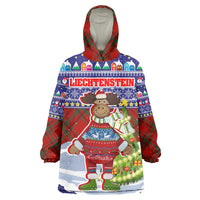 Liechtenstein Christmas Wearable Blanket Hoodie with Reindeer Character Holiday Village and Plaid Sleeves - Wonder Print Shop