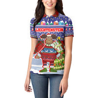 Liechtenstein Christmas Women Polo Shirt with Reindeer Character Holiday Village and Plaid Sleeves - Wonder Print Shop