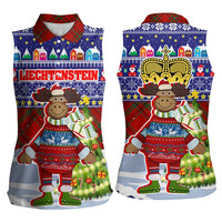 Liechtenstein Christmas Women Sleeveless Polo Shirt with Reindeer Character Holiday Village and Plaid Sleeves - Wonder Print Shop