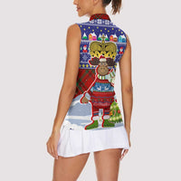 Liechtenstein Christmas Women Sleeveless Polo Shirt with Reindeer Character Holiday Village and Plaid Sleeves - Wonder Print Shop
