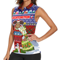 Liechtenstein Christmas Women Sleeveless Polo Shirt with Reindeer Character Holiday Village and Plaid Sleeves - Wonder Print Shop
