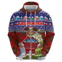 Liechtenstein Christmas Zip Hoodie with Reindeer Character Holiday Village and Plaid Sleeves - Wonder Print Shop