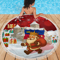 Liechtenstein Christmas Beach Blanket with Santa Claus Castle Snowflakes and National Flag - Wonder Print Shop