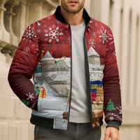 Liechtenstein Christmas Bomber Puffer Jacket with Santa Claus Castle Snowflakes and National Flag - Wonder Print Shop