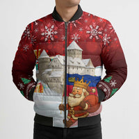 Liechtenstein Christmas Bomber Puffer Jacket with Santa Claus Castle Snowflakes and National Flag - Wonder Print Shop