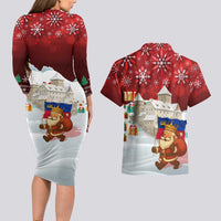 Liechtenstein Christmas Couples Matching Long Sleeve Bodycon Dress and Hawaiian Shirt with Santa Claus Castle Snowflakes and National Flag - Wonder Print Shop