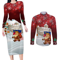 Liechtenstein Christmas Couples Matching Long Sleeve Bodycon Dress and Long Sleeve Button Shirt with Santa Claus Castle Snowflakes and National Flag - Wonder Print Shop