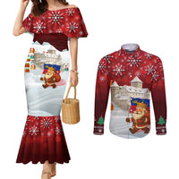 Liechtenstein Christmas Couples Matching Mermaid Dress and Long Sleeve Button Shirt with Santa Claus Castle Snowflakes and National Flag - Wonder Print Shop