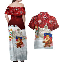 Liechtenstein Christmas Couples Matching Off Shoulder Maxi Dress and Hawaiian Shirt with Santa Claus Castle Snowflakes and National Flag - Wonder Print Shop