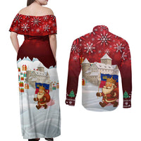 Liechtenstein Christmas Couples Matching Off Shoulder Maxi Dress and Long Sleeve Button Shirt with Santa Claus Castle Snowflakes and National Flag - Wonder Print Shop