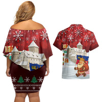 Liechtenstein Christmas Couples Matching Off Shoulder Short Dress and Hawaiian Shirt with Santa Claus Castle Snowflakes and National Flag - Wonder Print Shop