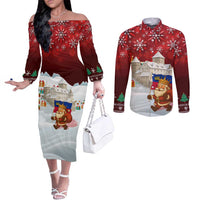 Liechtenstein Christmas Couples Matching Off The Shoulder Long Sleeve Dress and Long Sleeve Button Shirt with Santa Claus Castle Snowflakes and National Flag - Wonder Print Shop