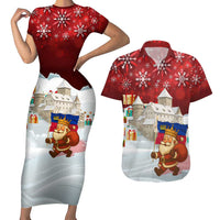 Liechtenstein Christmas Couples Matching Short Sleeve Bodycon Dress and Hawaiian Shirt with Santa Claus Castle Snowflakes and National Flag - Wonder Print Shop
