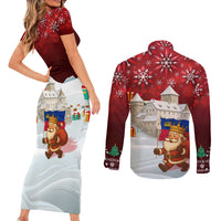 Liechtenstein Christmas Couples Matching Short Sleeve Bodycon Dress and Long Sleeve Button Shirt with Santa Claus Castle Snowflakes and National Flag - Wonder Print Shop