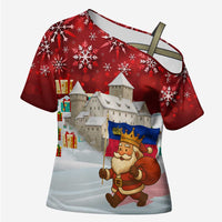 Liechtenstein Christmas Cross Shoulder Shirt with Santa Claus Castle Snowflakes and National Flag - Wonder Print Shop
