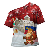 Liechtenstein Christmas Cross Shoulder Shirt with Santa Claus Castle Snowflakes and National Flag - Wonder Print Shop