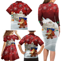 Liechtenstein Christmas Family Matching Long Sleeve Bodycon Dress and Hawaiian Shirt with Santa Claus Castle Snowflakes and National Flag - Wonder Print Shop
