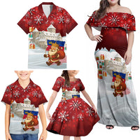 Liechtenstein Christmas Family Matching Off Shoulder Maxi Dress and Hawaiian Shirt with Santa Claus Castle Snowflakes and National Flag - Wonder Print Shop