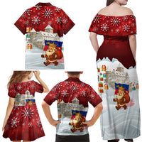 Liechtenstein Christmas Family Matching Off Shoulder Maxi Dress and Hawaiian Shirt with Santa Claus Castle Snowflakes and National Flag - Wonder Print Shop
