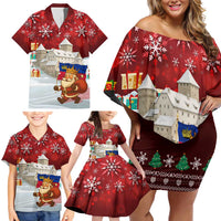 Liechtenstein Christmas Family Matching Off Shoulder Short Dress and Hawaiian Shirt with Santa Claus Castle Snowflakes and National Flag - Wonder Print Shop
