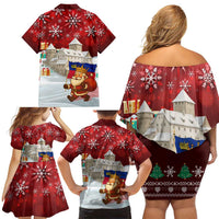 Liechtenstein Christmas Family Matching Off Shoulder Short Dress and Hawaiian Shirt with Santa Claus Castle Snowflakes and National Flag - Wonder Print Shop