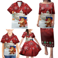 Liechtenstein Christmas Family Matching Puletasi and Hawaiian Shirt with Santa Claus Castle Snowflakes and National Flag - Wonder Print Shop