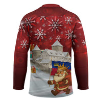Liechtenstein Christmas Hockey Jersey with Santa Claus Castle Snowflakes and National Flag - Wonder Print Shop