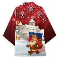 Liechtenstein Christmas Kimono with Santa Claus Castle Snowflakes and National Flag - Wonder Print Shop