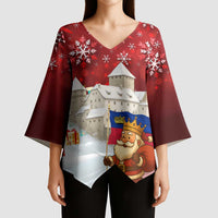 Liechtenstein Christmas Kimono Sleeve Blouse with Santa Claus Castle Snowflakes and National Flag - Wonder Print Shop