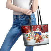 Liechtenstein Christmas Leather Tote Bag with Santa Claus Castle Snowflakes and National Flag - Wonder Print Shop