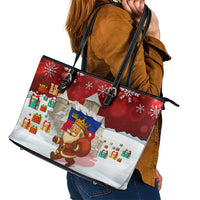 Liechtenstein Christmas Leather Tote Bag with Santa Claus Castle Snowflakes and National Flag - Wonder Print Shop