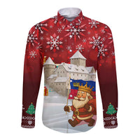 Liechtenstein Christmas Long Sleeve Button Shirt with Santa Claus Castle Snowflakes and National Flag - Wonder Print Shop