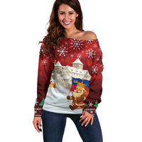 Liechtenstein Christmas Off Shoulder Sweater with Santa Claus Castle Snowflakes and National Flag - Wonder Print Shop