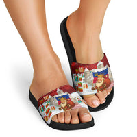 Liechtenstein Christmas Slide Sandals with Santa Claus Castle Snowflakes and National Flag - Wonder Print Shop