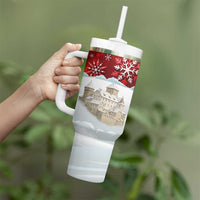 Liechtenstein Christmas Tumbler With Handle with Santa Claus Castle Snowflakes and National Flag - Wonder Print Shop