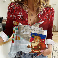 Liechtenstein Christmas Women Casual Shirt with Santa Claus Castle Snowflakes and National Flag - Wonder Print Shop