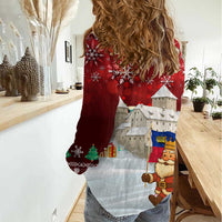 Liechtenstein Christmas Women Casual Shirt with Santa Claus Castle Snowflakes and National Flag - Wonder Print Shop