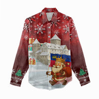 Liechtenstein Christmas Women Casual Shirt with Santa Claus Castle Snowflakes and National Flag - Wonder Print Shop
