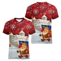 Liechtenstein Christmas Women V-Neck T-Shirt with Santa Claus Castle Snowflakes and National Flag - Wonder Print Shop