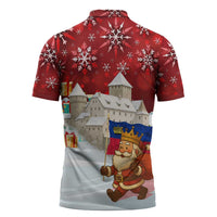 Liechtenstein Christmas Zipper Polo Shirt with Santa Claus Castle Snowflakes and National Flag - Wonder Print Shop
