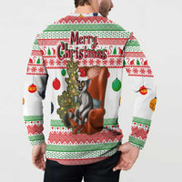 Madagascar Christmas Button Sweatshirt with Lemur Santa Hat Holiday Tree and Festive Pattern - Wonder Print Shop