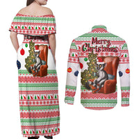 Madagascar Christmas Couples Matching Off Shoulder Maxi Dress and Long Sleeve Button Shirt with Lemur Santa Hat Holiday Tree and Festive Pattern - Wonder Print Shop