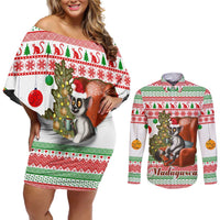 Madagascar Christmas Couples Matching Off Shoulder Short Dress and Long Sleeve Button Shirt with Lemur Santa Hat Holiday Tree and Festive Pattern - Wonder Print Shop