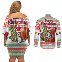 Madagascar Christmas Couples Matching Off Shoulder Short Dress and Long Sleeve Button Shirt with Lemur Santa Hat Holiday Tree and Festive Pattern - Wonder Print Shop